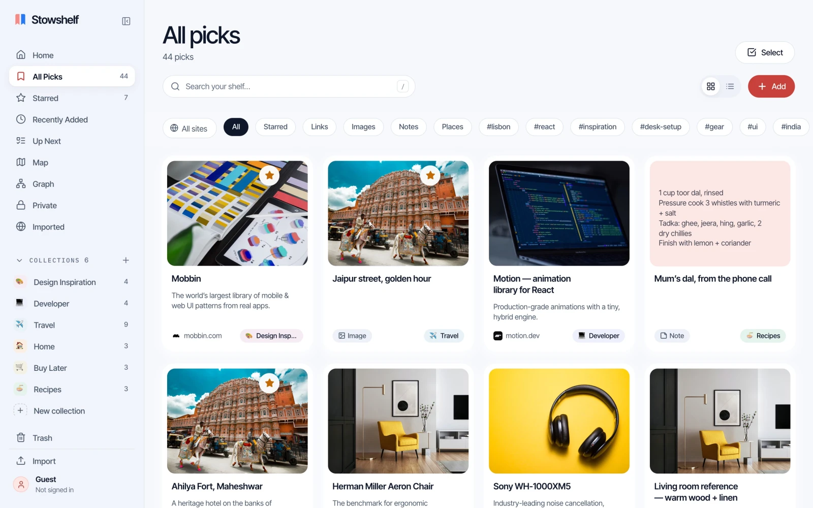 Stowshelf’s All Picks view, with visual cards for links, images, notes and collections.