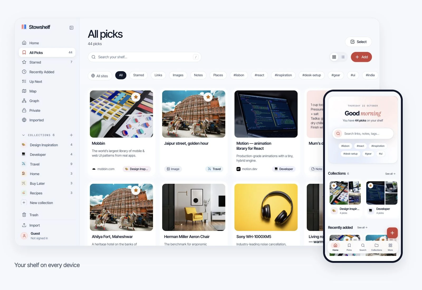 Stowshelf’s real desktop All Picks screen alongside its mobile Home screen.